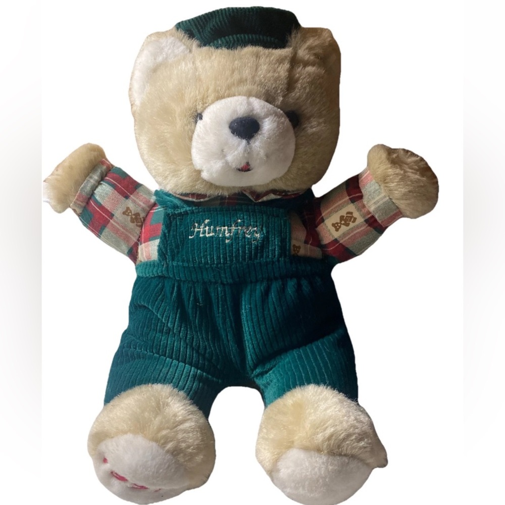 Humfrey Teddy Bear 1997 Medium 12" Green Overall Plush Stuffed Animal Vintage